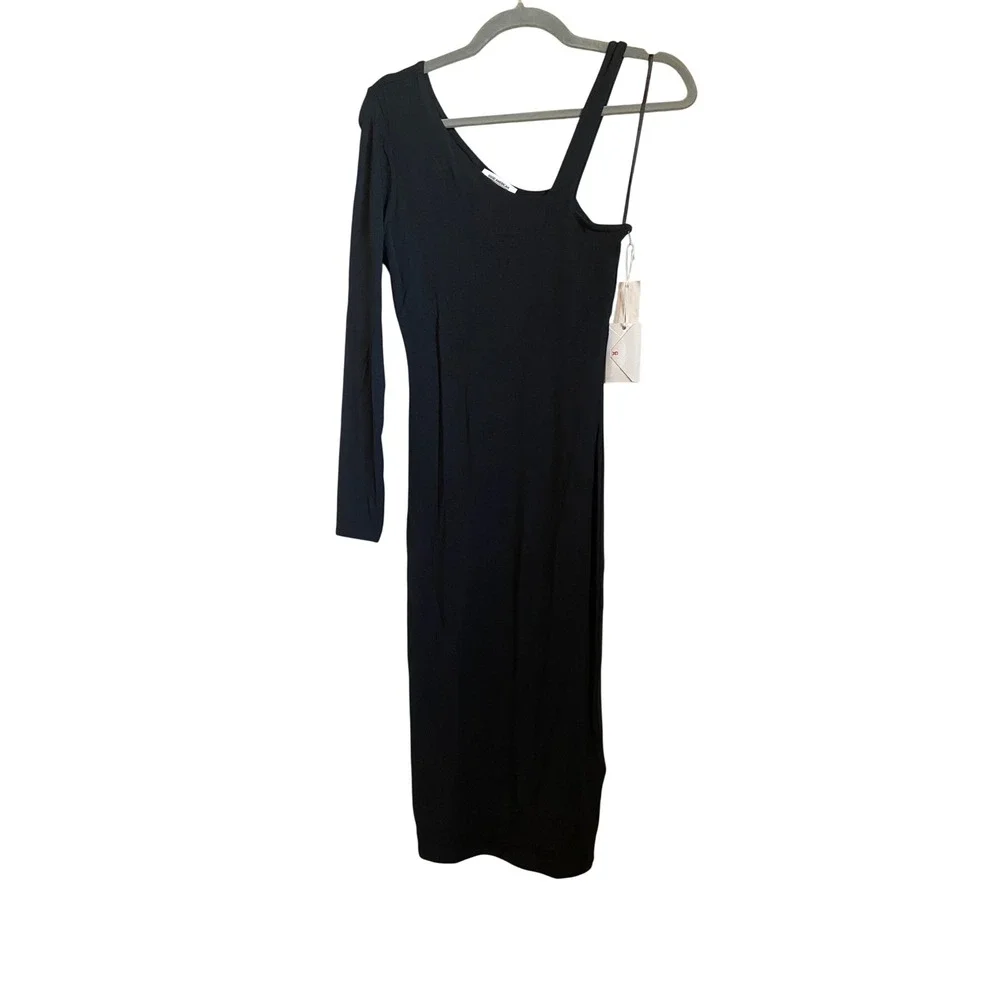 Good American Asym Long Sleeve Dress Black One Shoulder Midi Size 2 Medium NEW‎